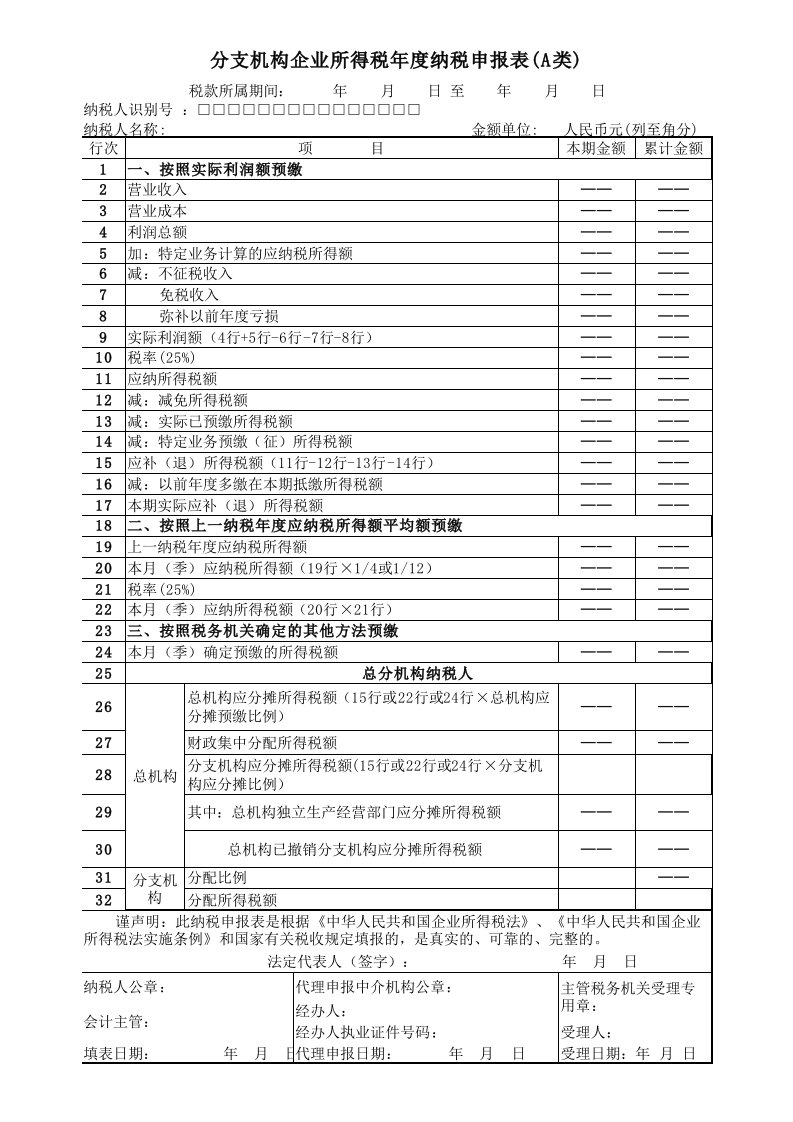 分支机构企业所得税年度纳税申报表(a类)