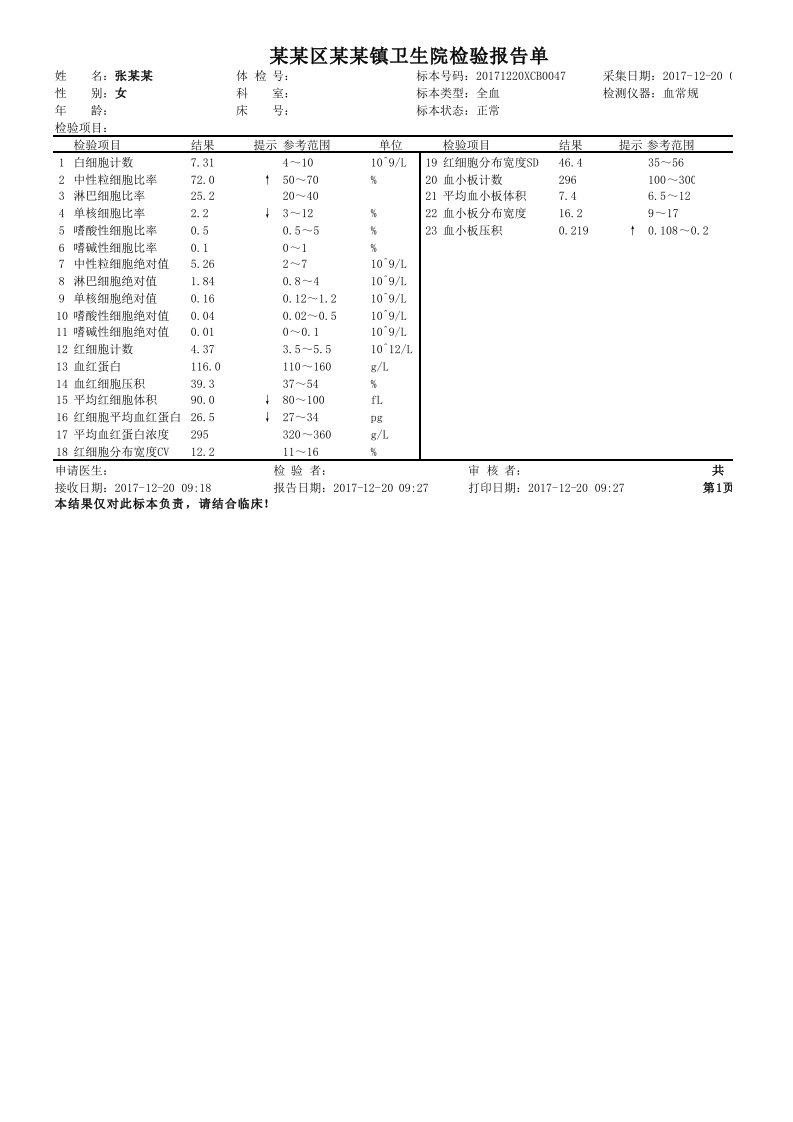 医院化验单模板