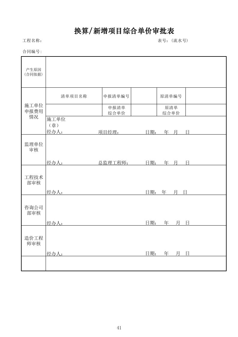 新增项目综合单价审批表