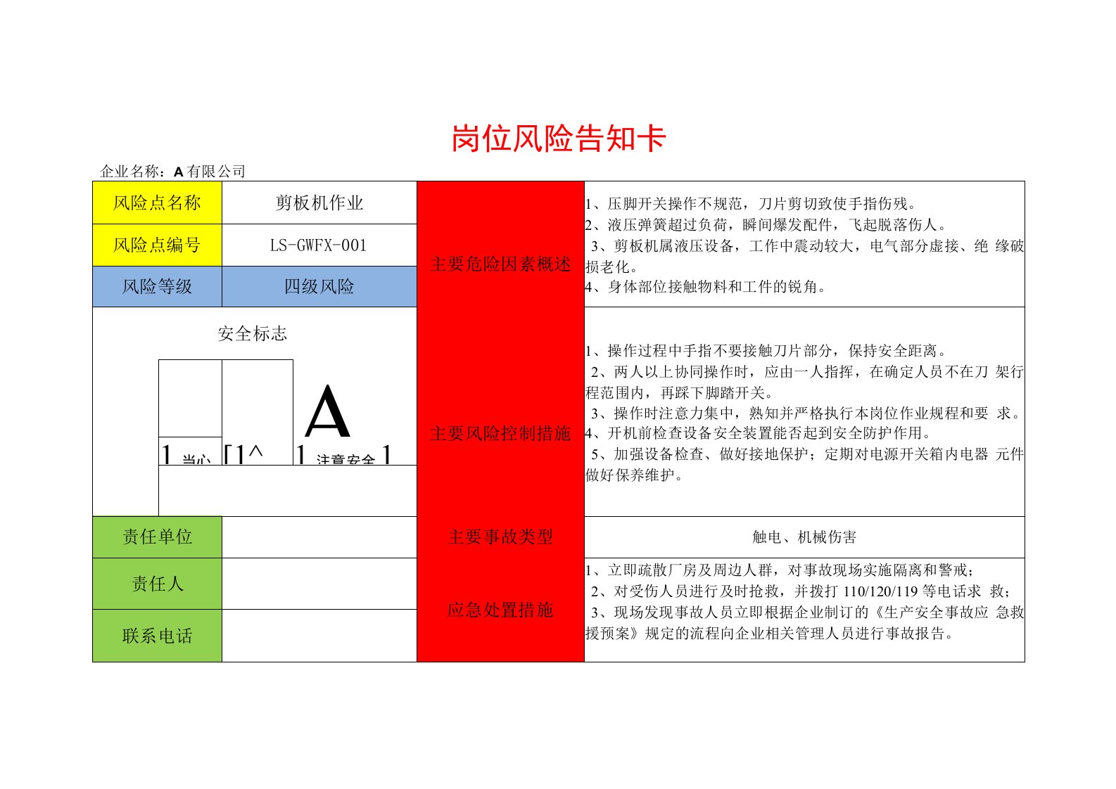 企业车间岗位安全风险点告知卡