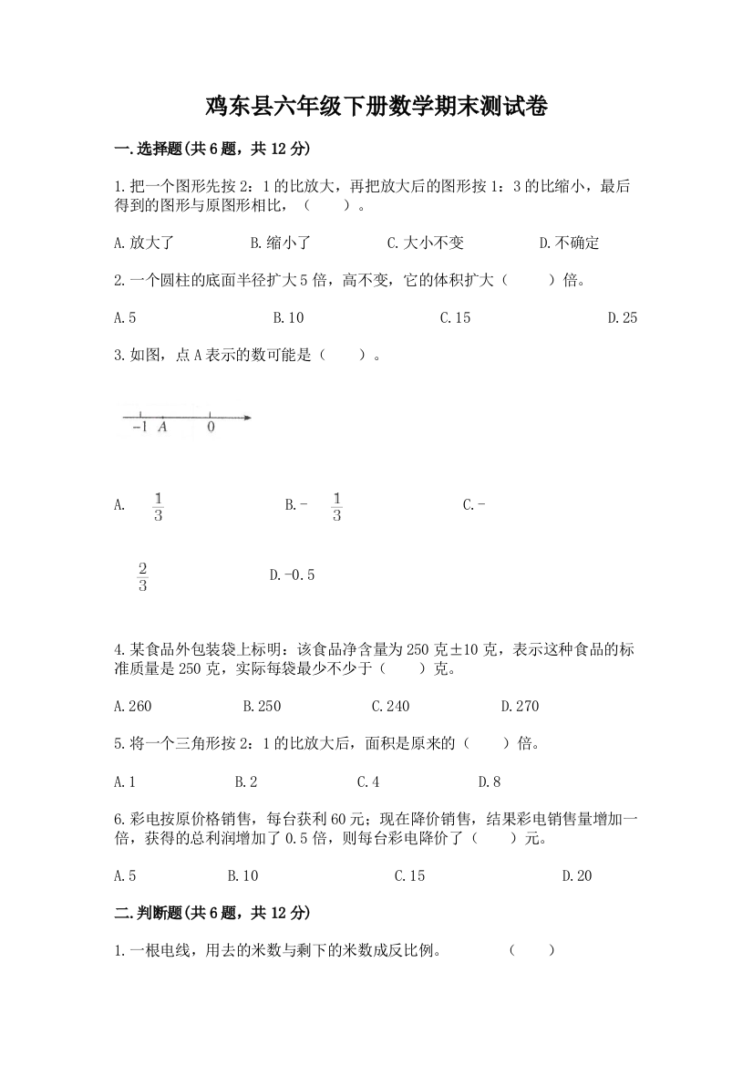 鸡东县六年级下册数学期末测试卷（夺冠）