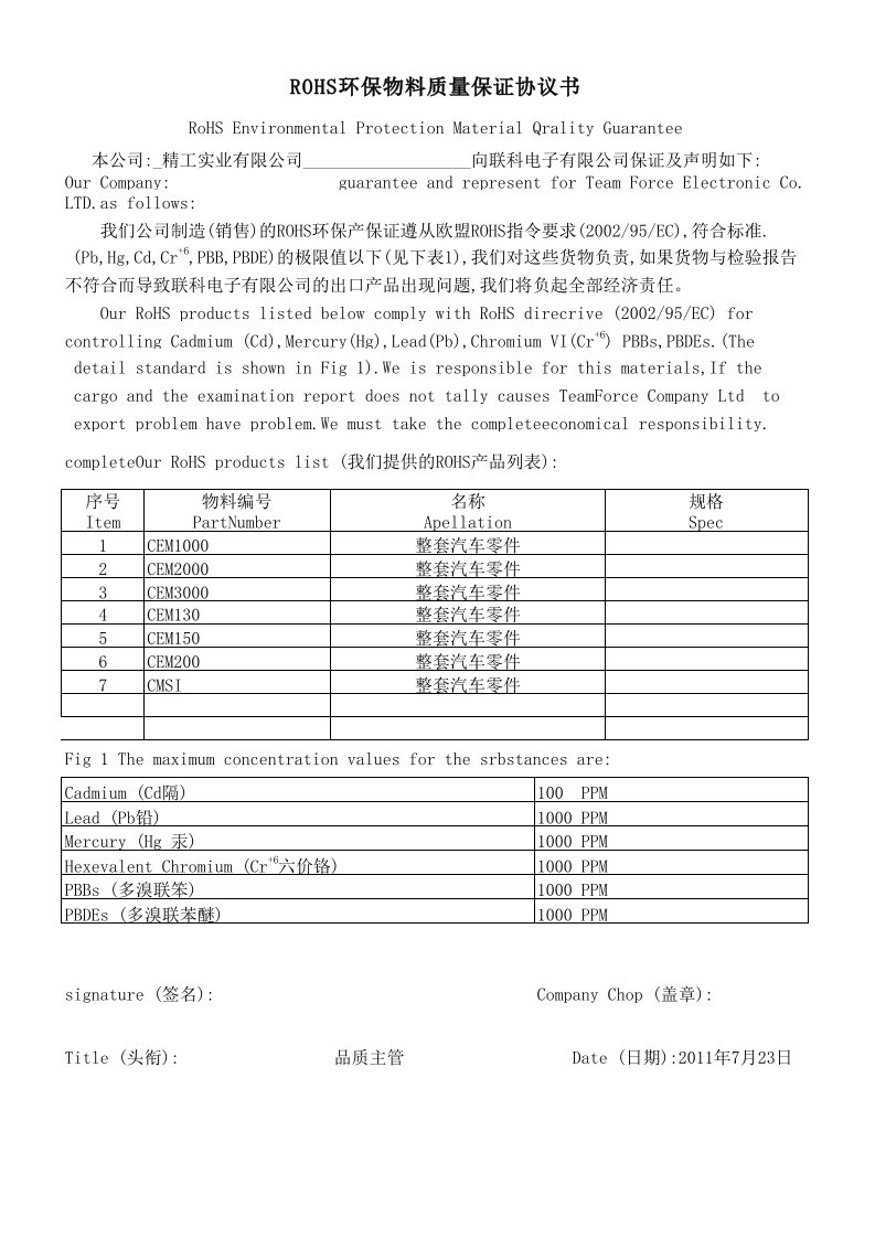 ROHS环保物料质量保证协议书