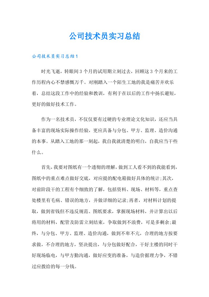 公司技术员实习总结