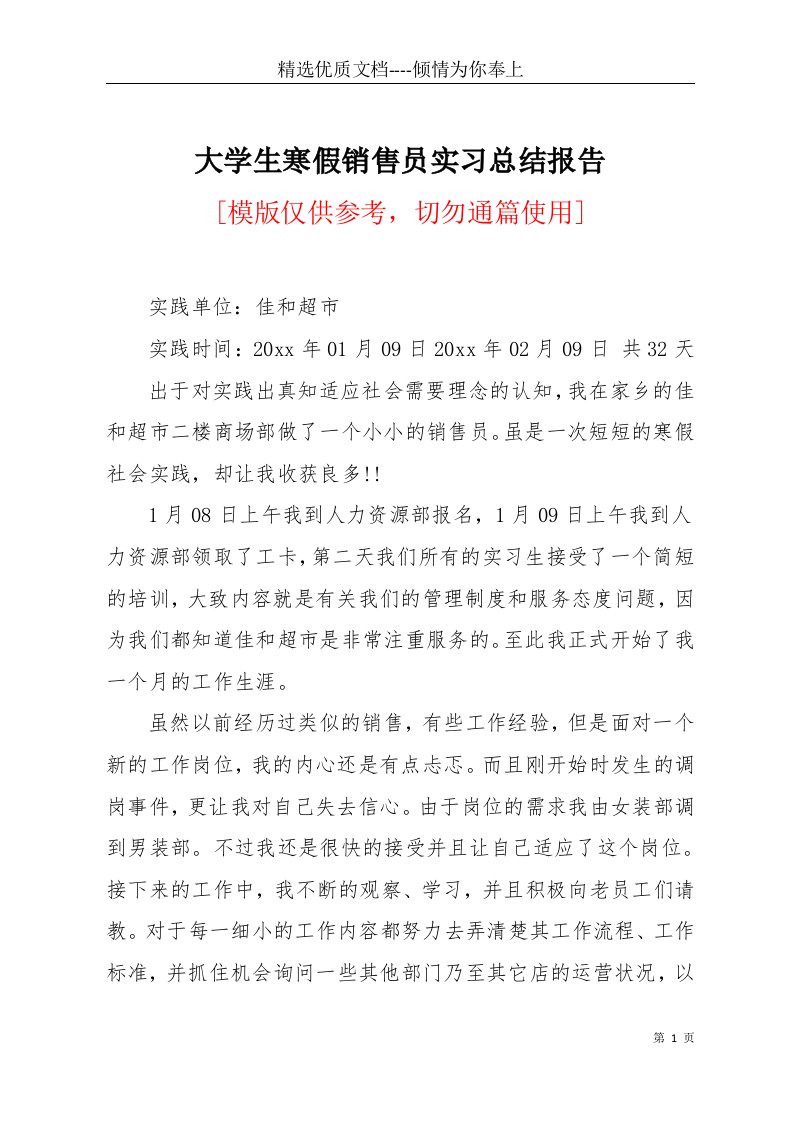 大学生寒假销售员实习总结报告(共4页)