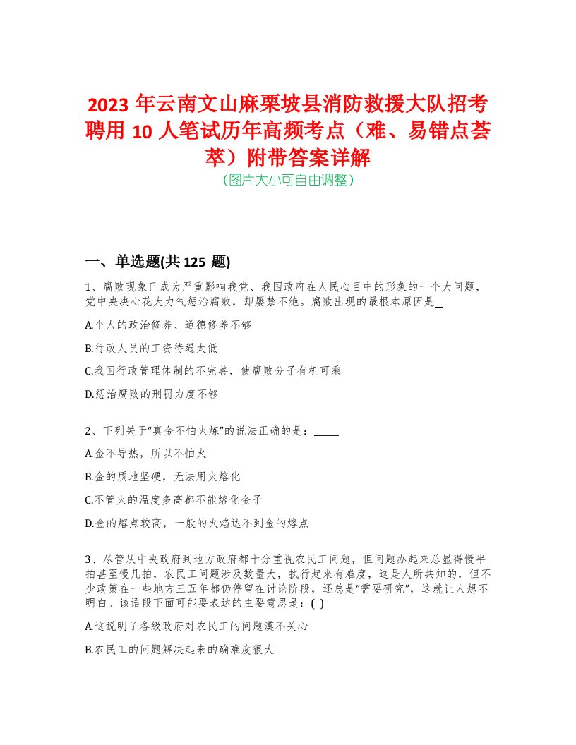 2023年云南文山麻栗坡县消防救援大队招考聘用10人笔试历年高频考点（难、易错点荟萃）附带答案详解