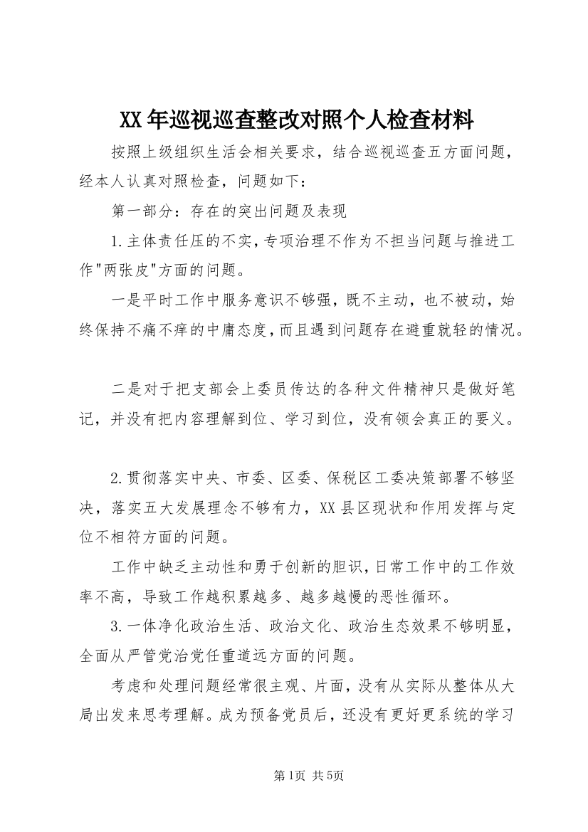 XX年巡视巡查整改对照个人检查材料