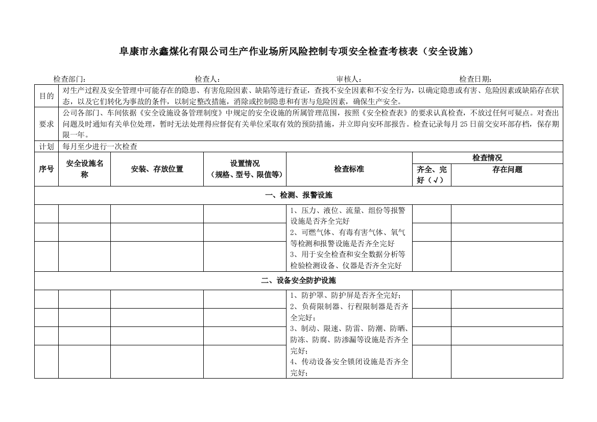 安全设施检查考核表