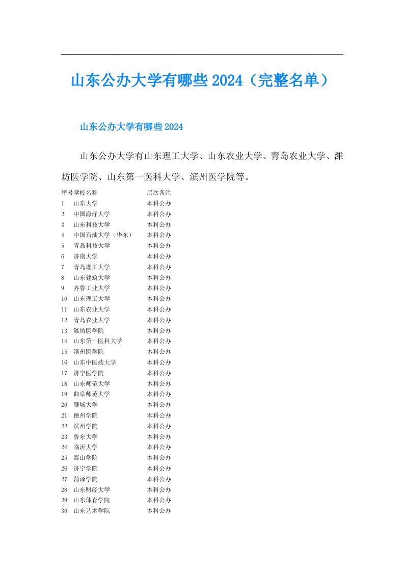 山东公办大学有哪些2024（完整名单）