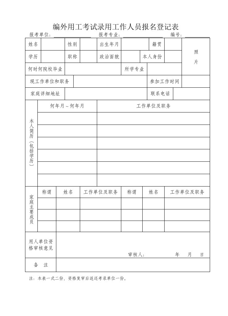 编外用工考试录用工作人员报名登记表