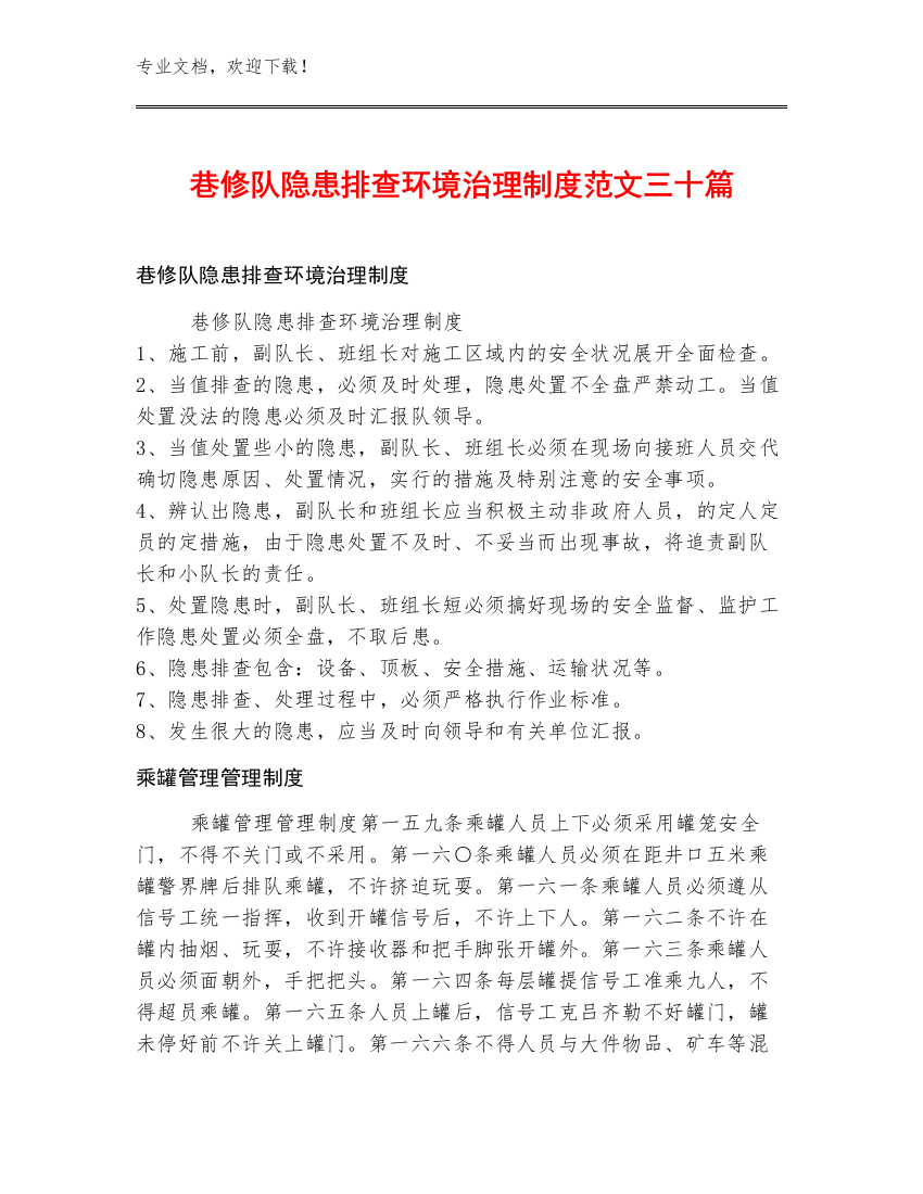 巷修队隐患排查环境治理制度范文三十篇