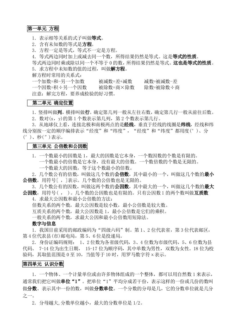 （中小学资料）五下数学知识要点