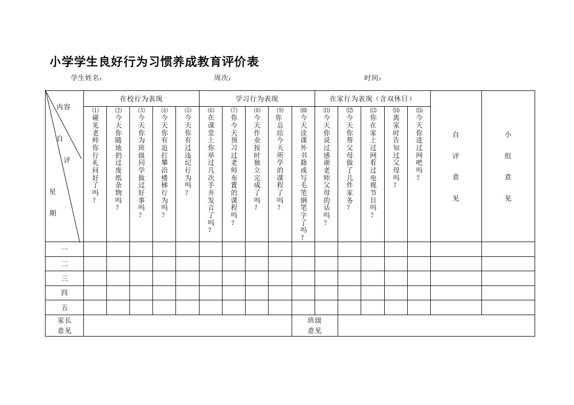 小学学生良好行为习惯养成教育评价表