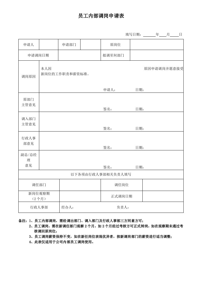 工程资料-员工内部调岗申请表