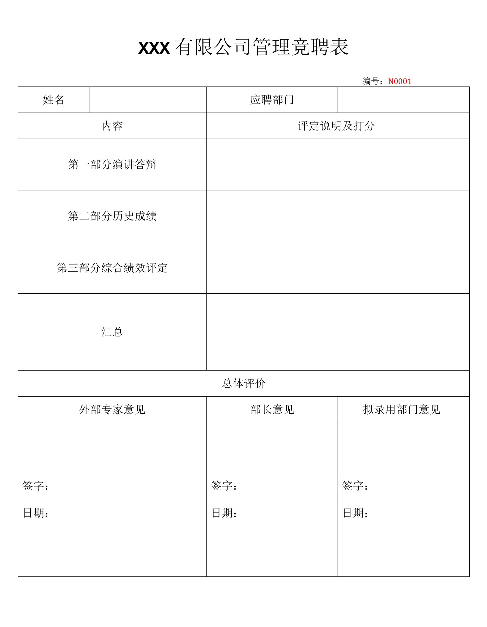 有限公司管理竞聘表