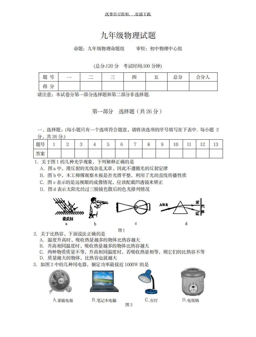 2023年初三物理综合试卷