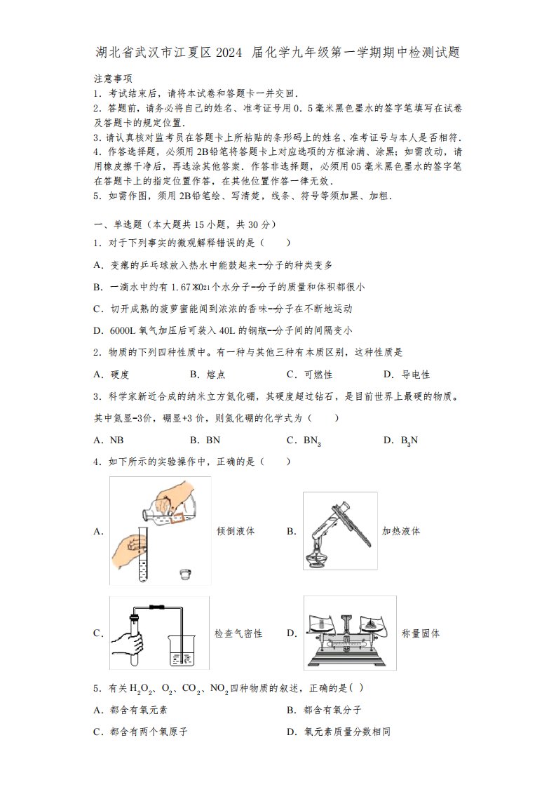 湖北省武汉市江夏区2024届化学九年级第一学期期中检测试题含答案解析