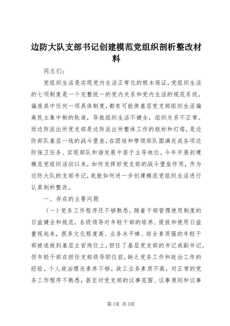 边防大队支部书记创建模范党组织剖析整改材料