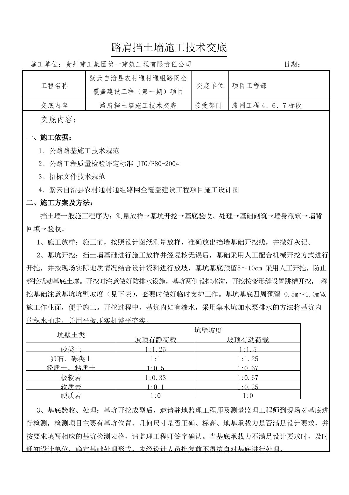 3、路肩挡土墙施工技术交底