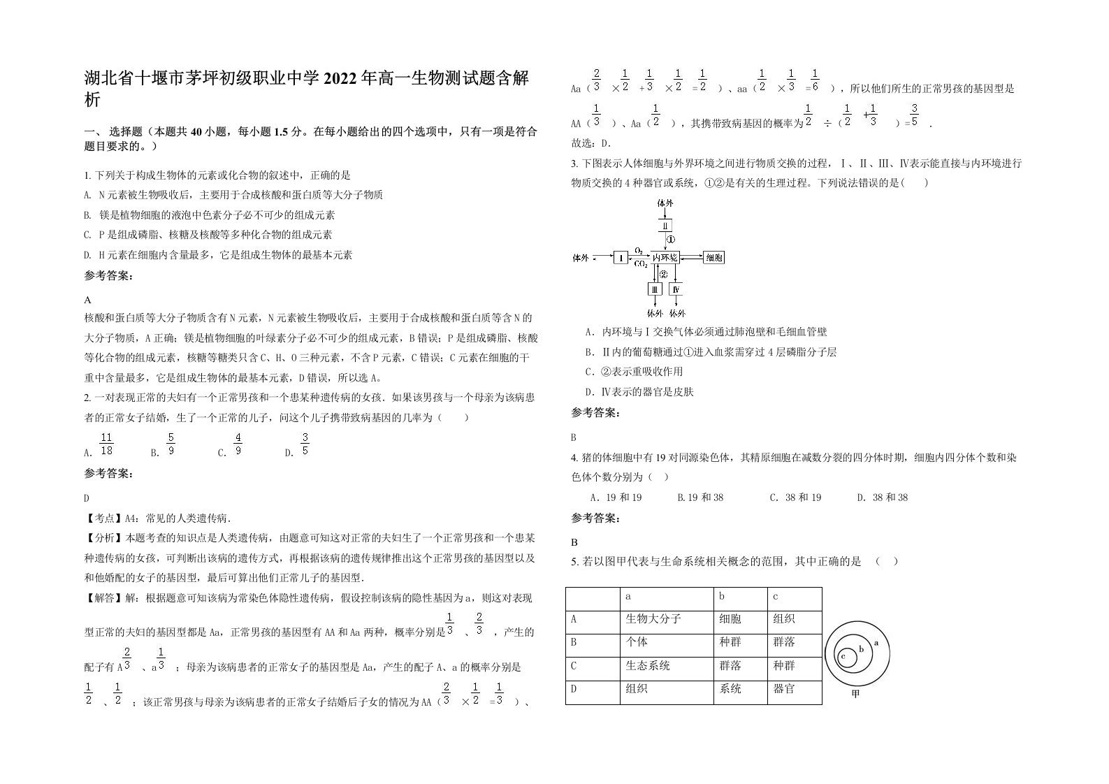 湖北省十堰市茅坪初级职业中学2022年高一生物测试题含解析