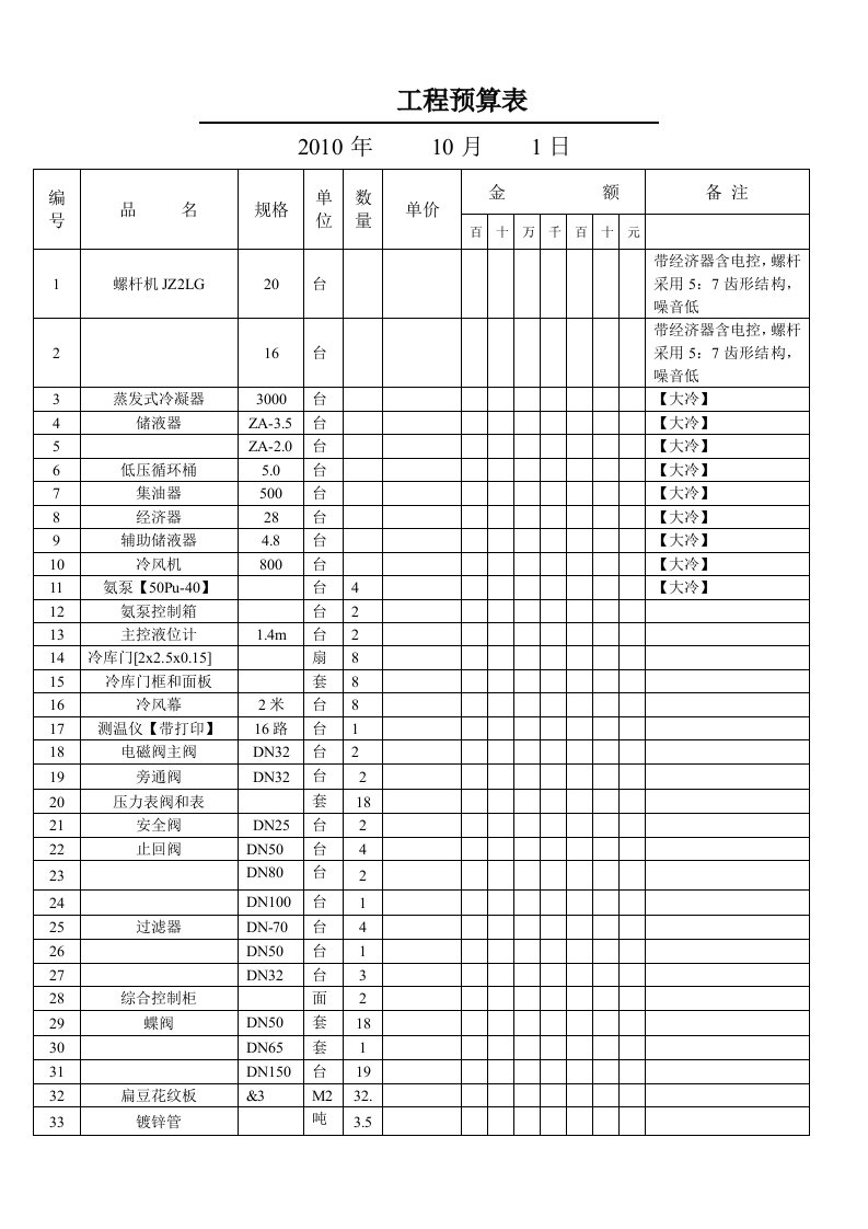 冷库工程预算表