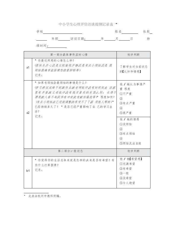 中小学生心理评估访谈提纲记录表