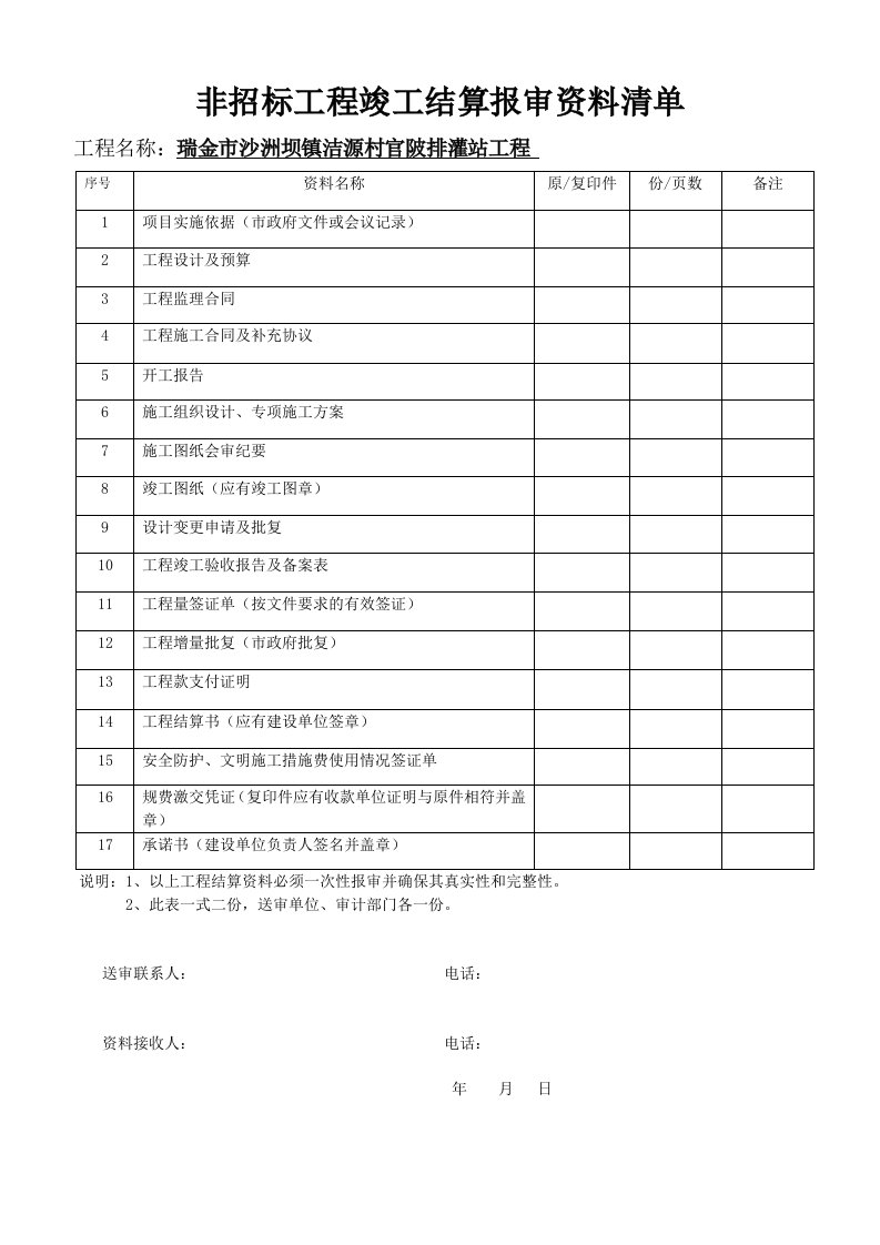 工程项目竣工结算送审资料清单1