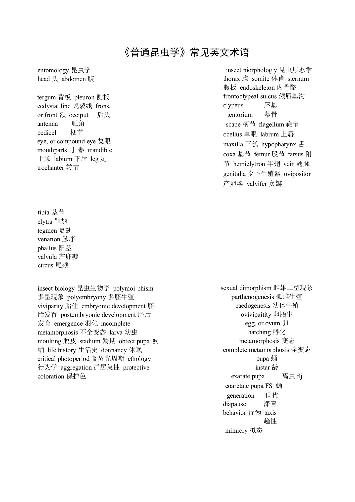 《普通昆虫学》常见英文术语1