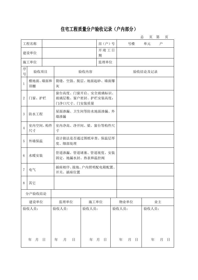 分户验收表格全部