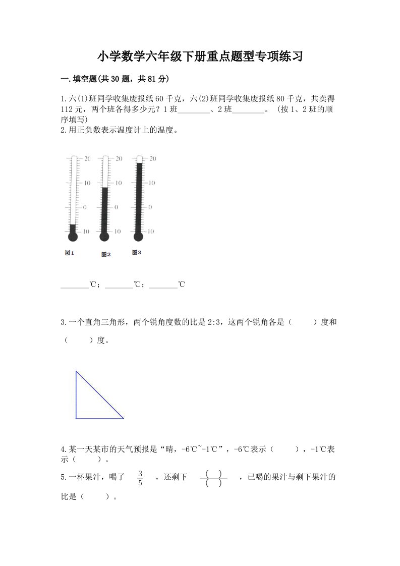 小学数学六年级下册重点题型专项练习（精练）