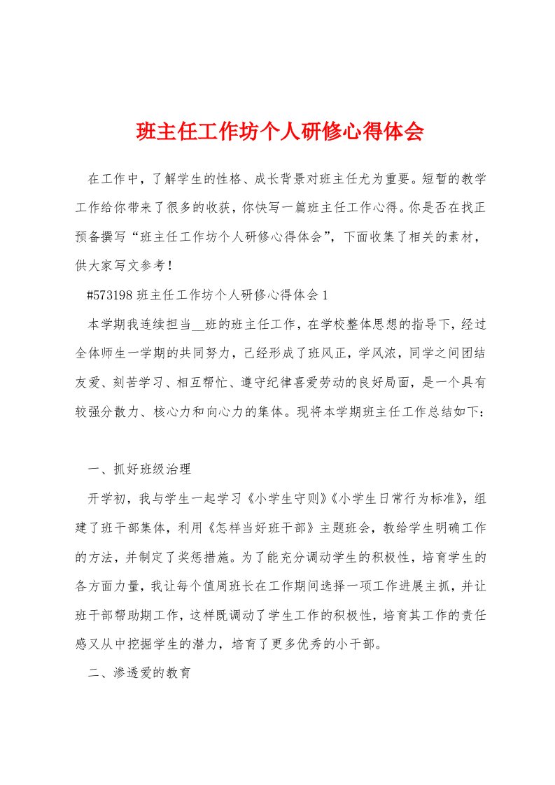 班主任工作坊个人研修心得体会