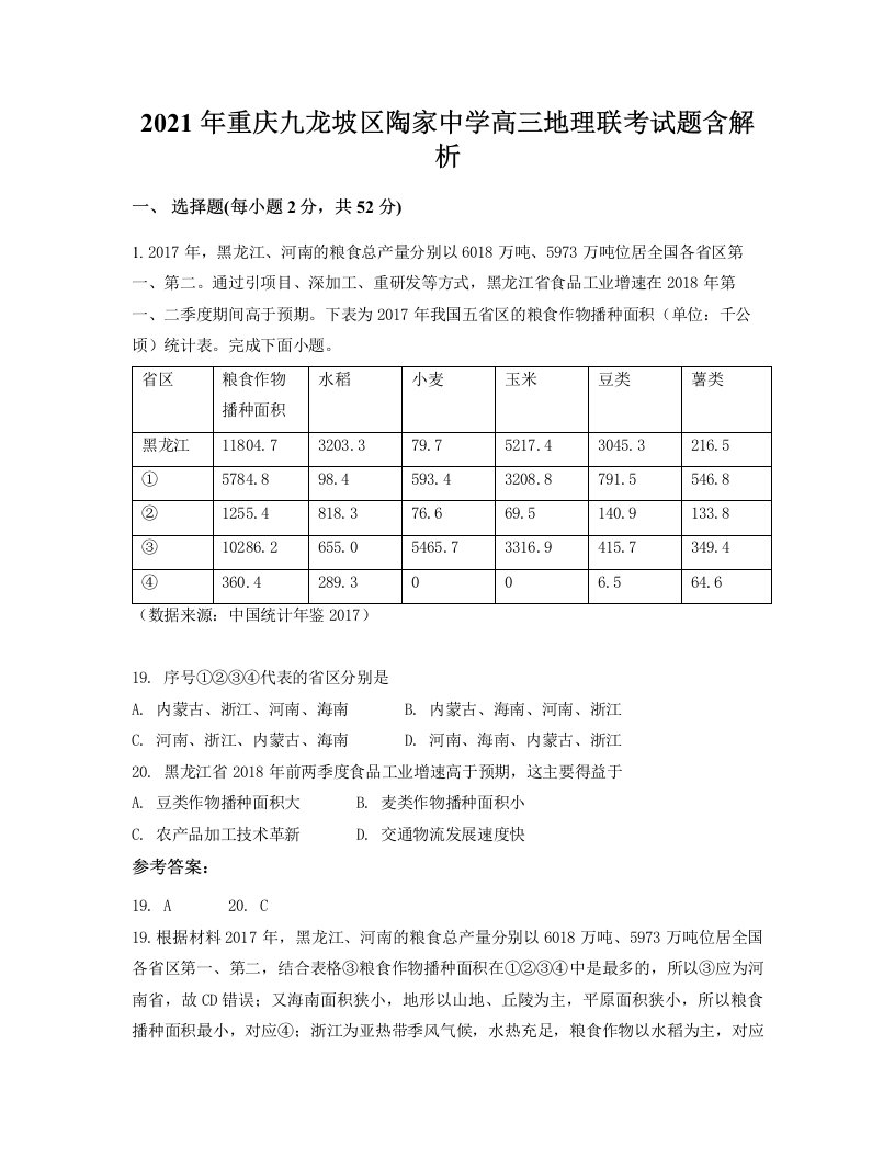 2021年重庆九龙坡区陶家中学高三地理联考试题含解析