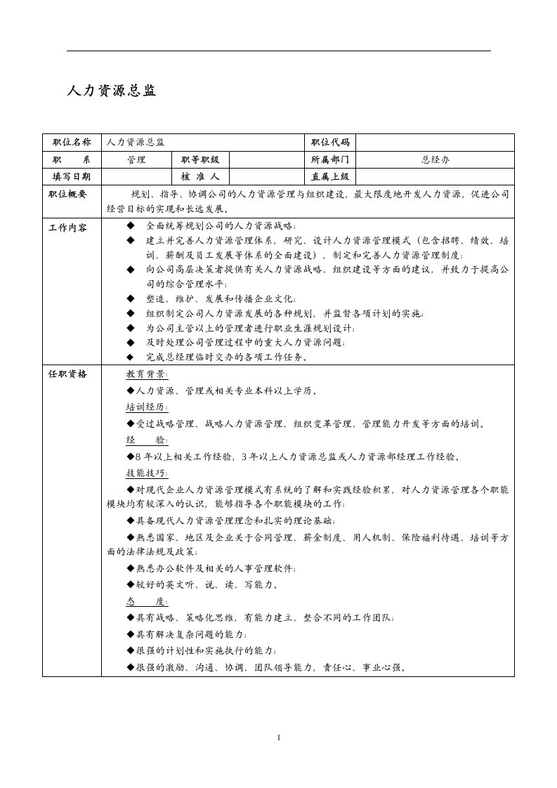 某it企业人力资源总监岗位职责