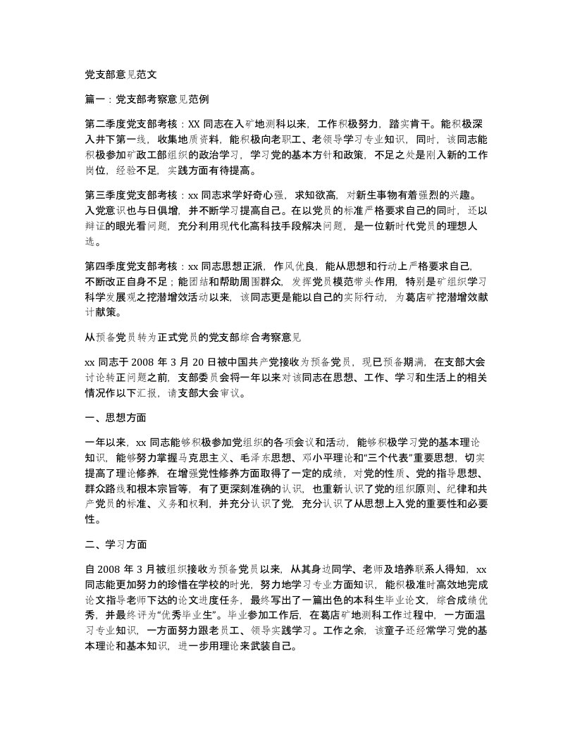 党支部意见范文