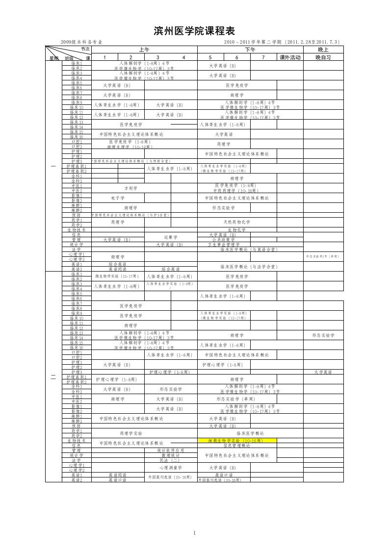 【精编版】滨州医学院课程表