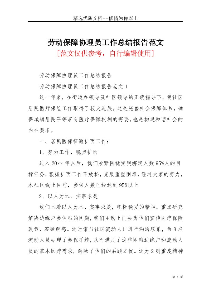 劳动保障协理员工作总结报告范文(共12页)