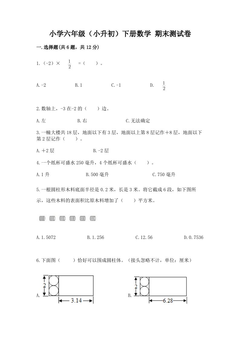 小学六年级（小升初）下册数学