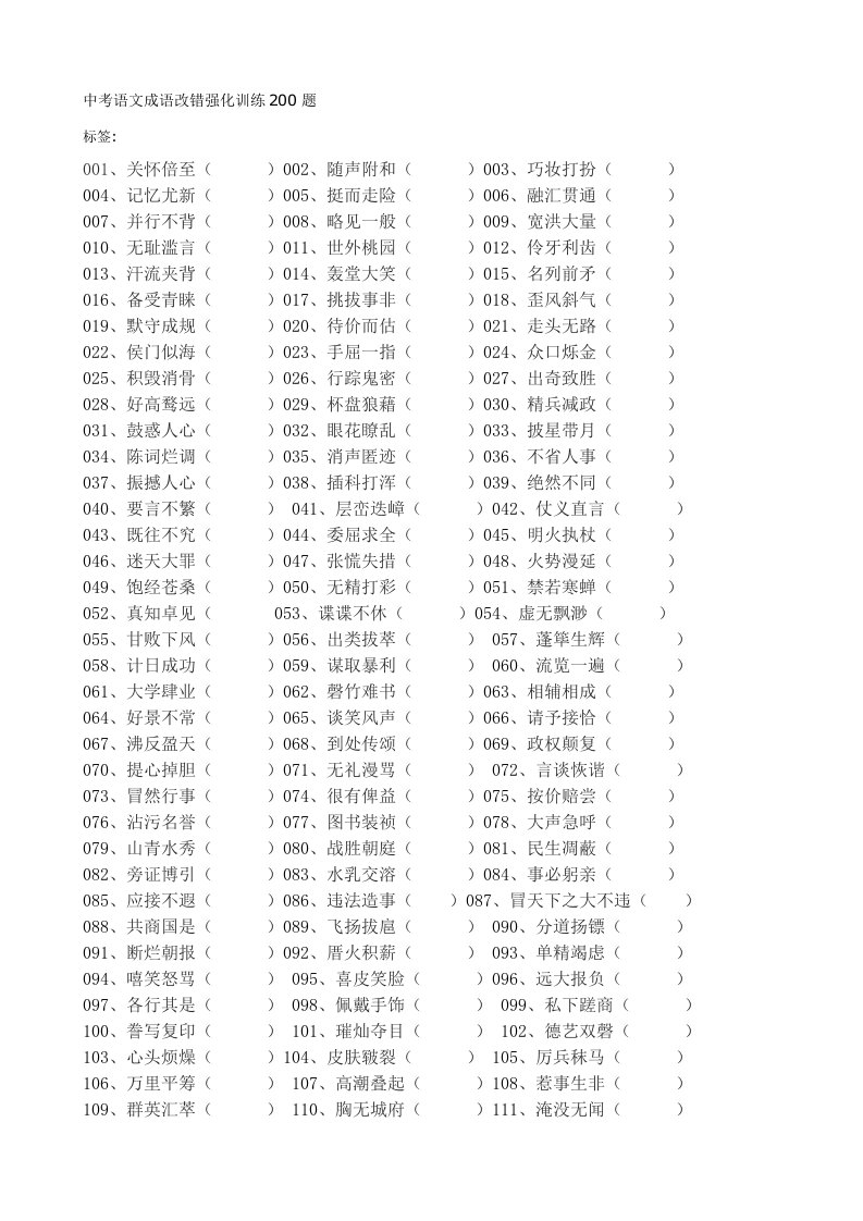 中考语文成语改错强化训练200题