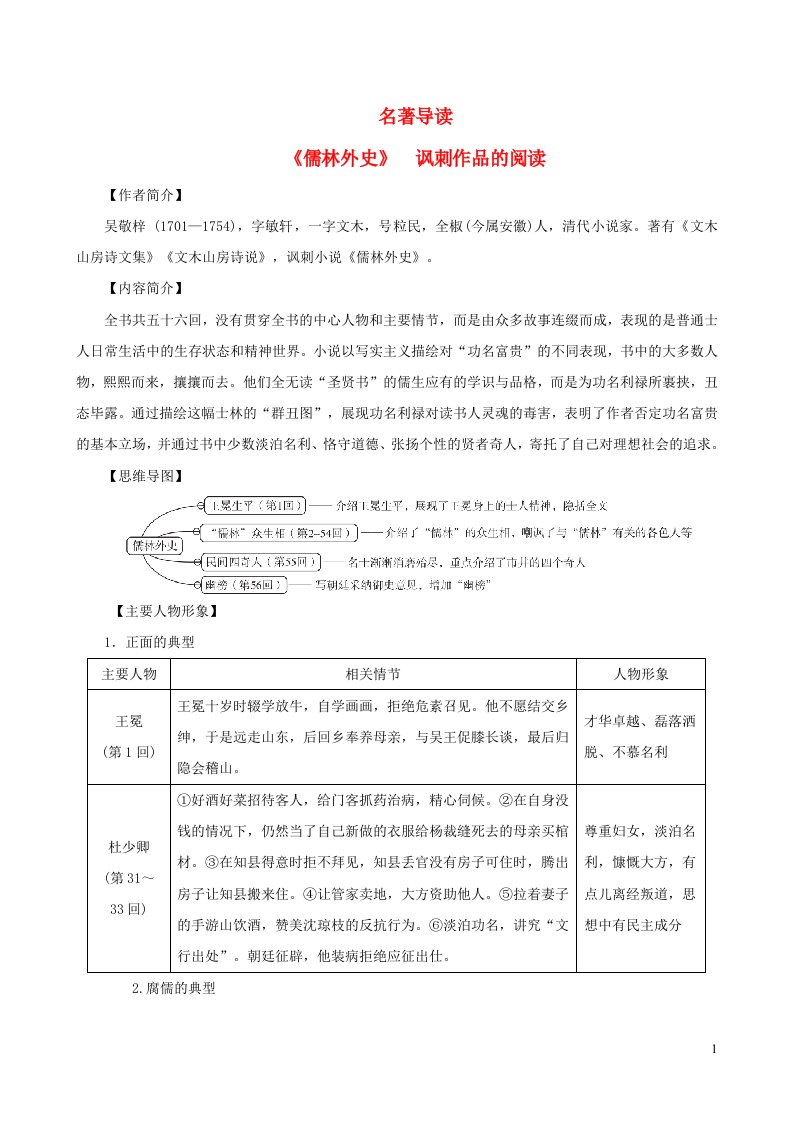 2022春九年级语文下册第3单元名著导读儒林外史讽刺作品的阅读背记手册新人教版