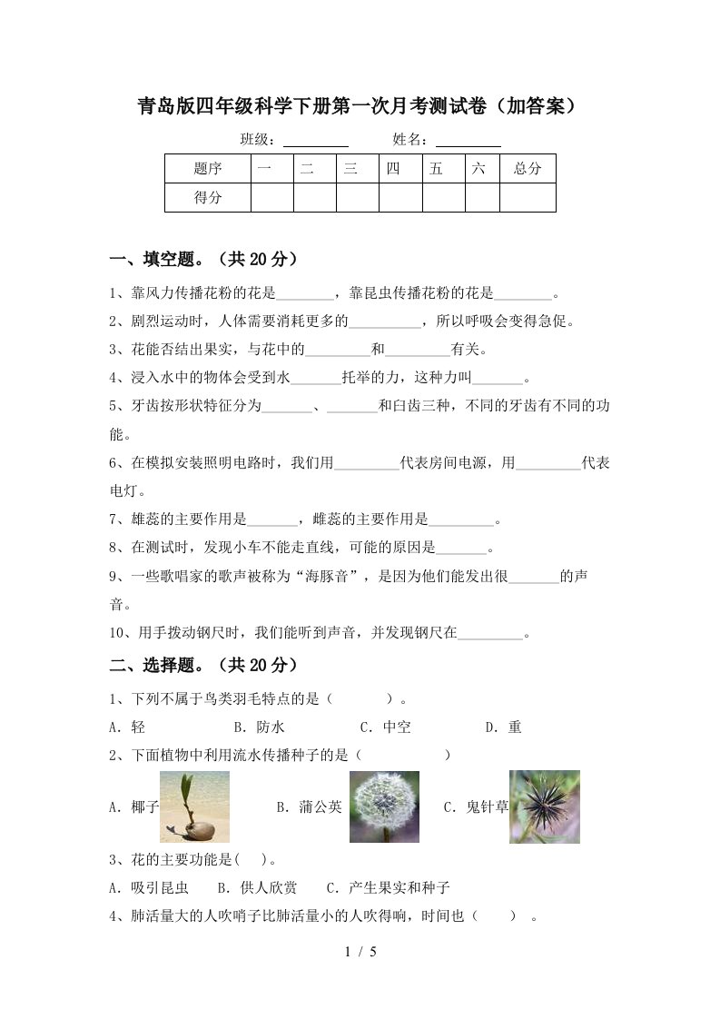 青岛版四年级科学下册第一次月考测试卷加答案