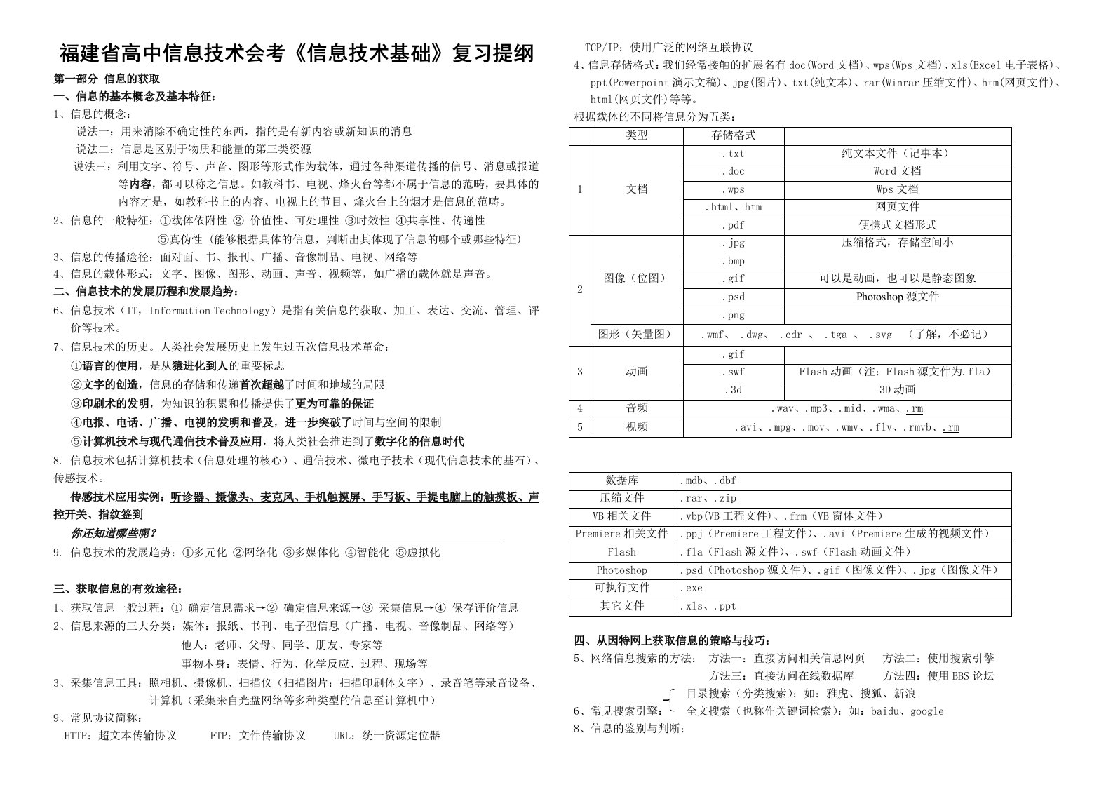 福建省高中信息技术会考《信息技术基础》复习提纲