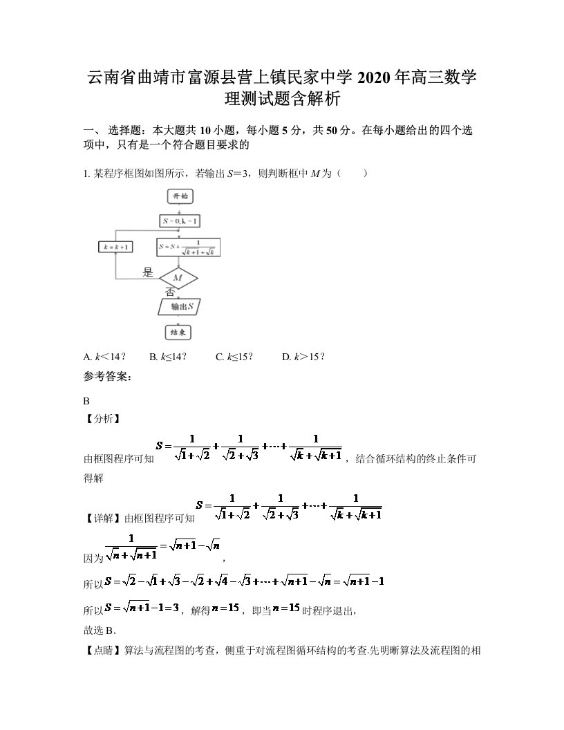 云南省曲靖市富源县营上镇民家中学2020年高三数学理测试题含解析