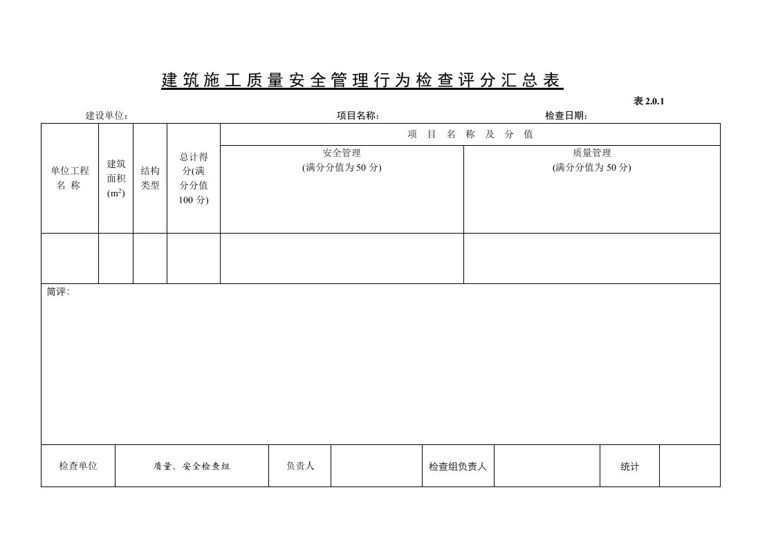 建筑施工质量安全管理行为检查评分表