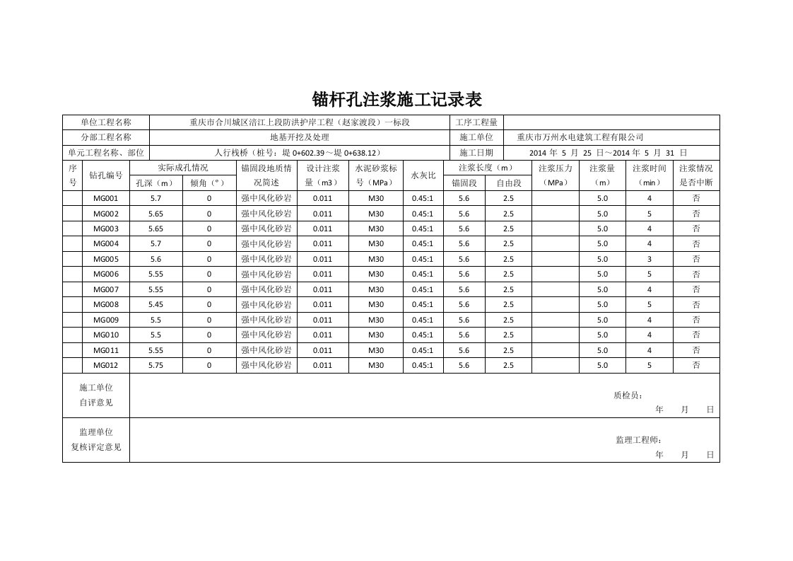 工程资料-锚杆孔注浆施工记录表0