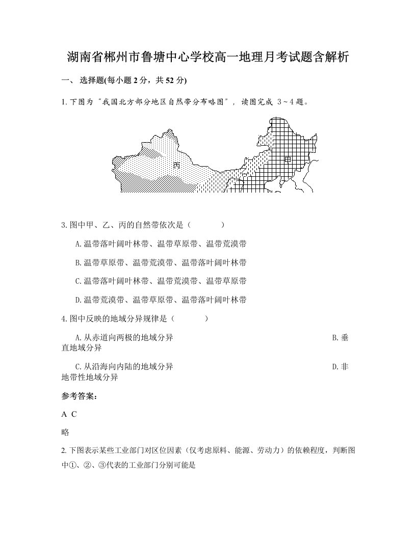 湖南省郴州市鲁塘中心学校高一地理月考试题含解析