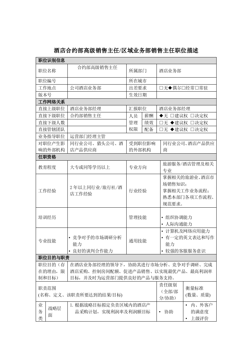 合约部高级主任区域业务部销售主任岗位说明书