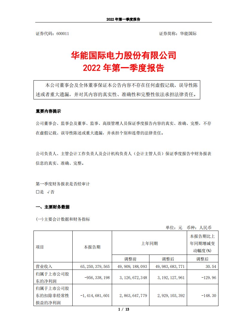 上交所-华能国际2022年第一季度报告-20220426