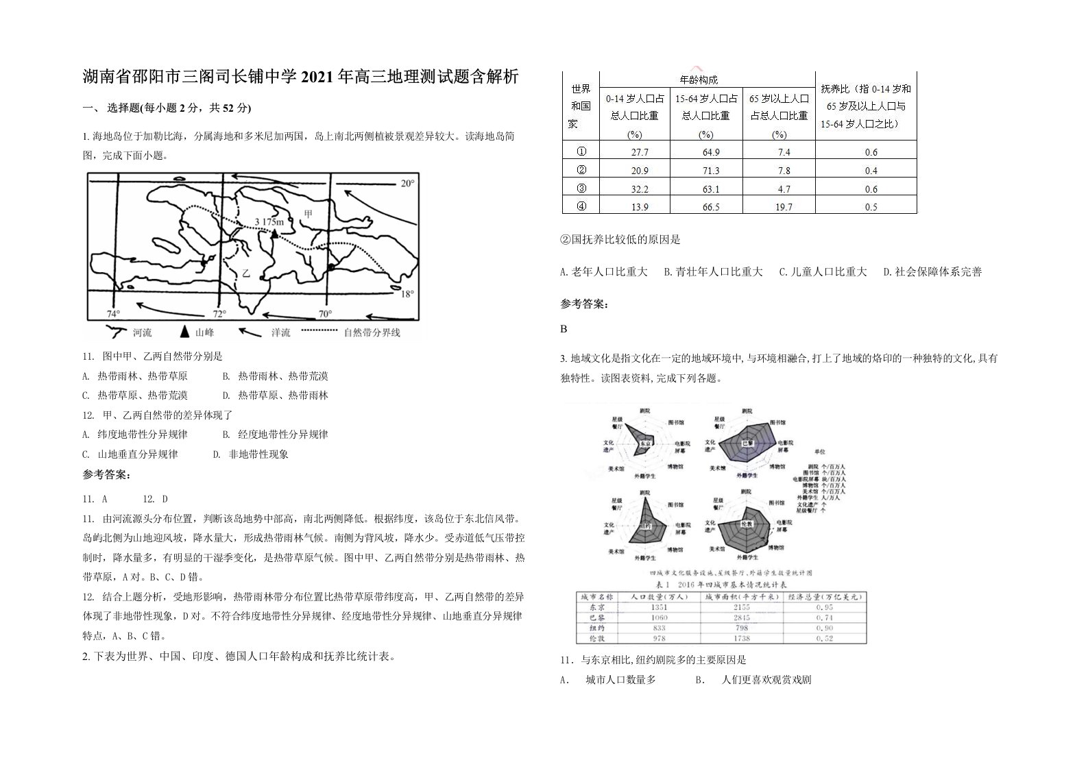 湖南省邵阳市三阁司长铺中学2021年高三地理测试题含解析