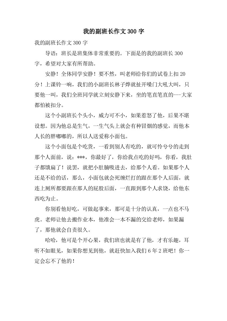 我的副班长作文300字