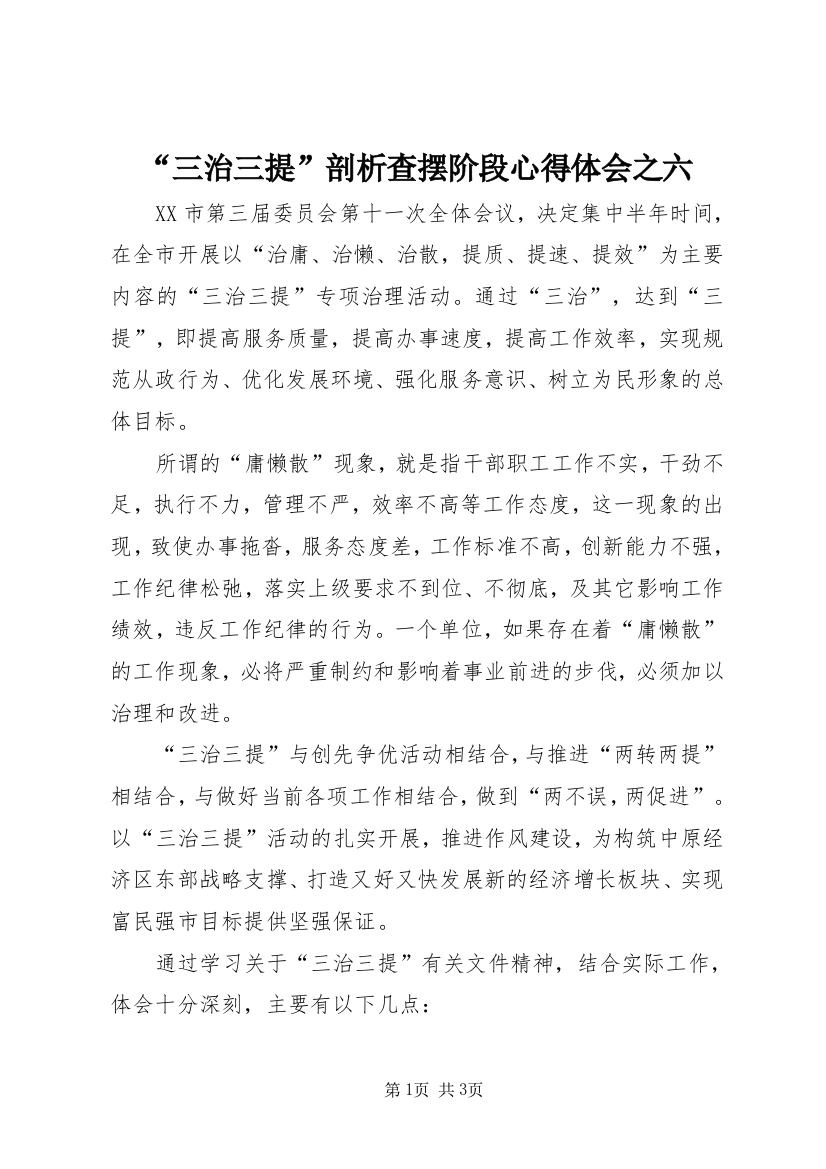 “三治三提”剖析查摆阶段心得体会之六