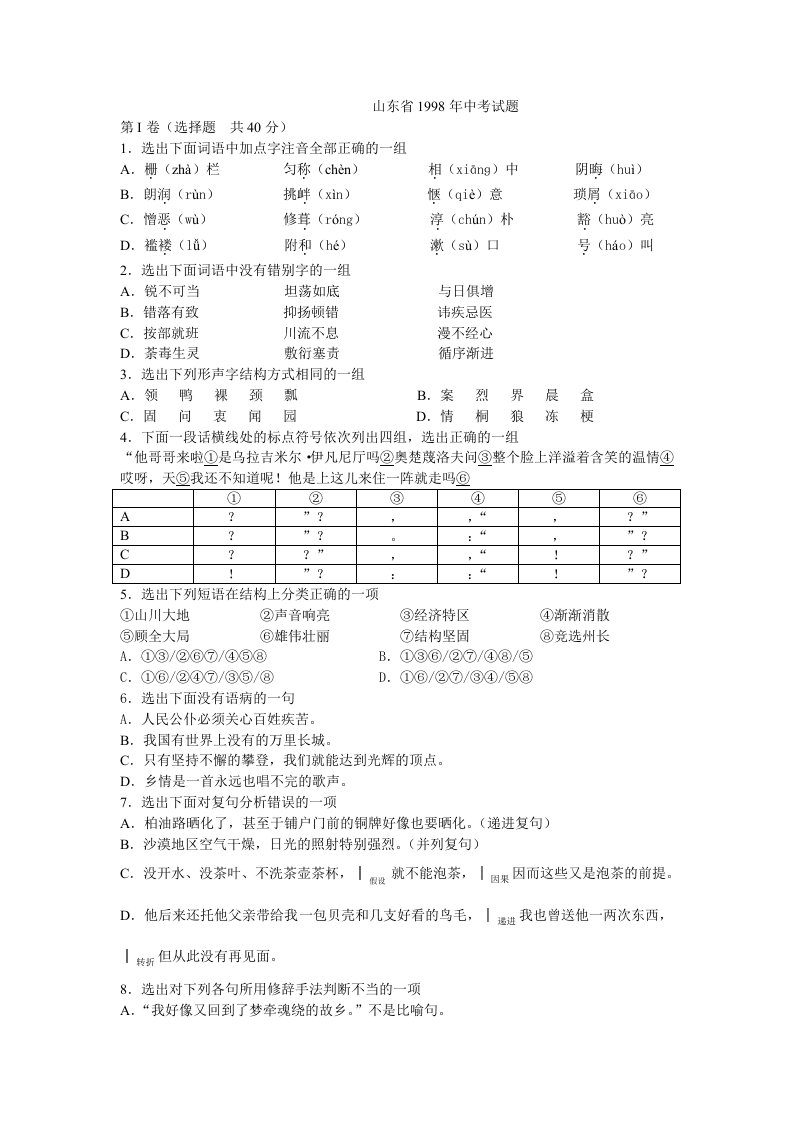 山东省1998年中考试题